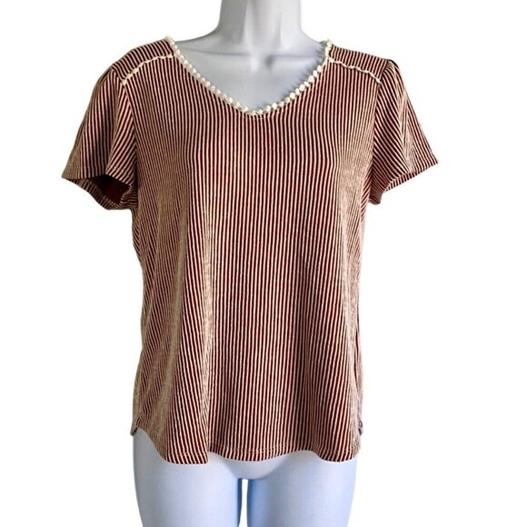 Ava James Brown White Vertical Striped Short Sleeve Top Women's Medium NEW - Picture 2 of 8
